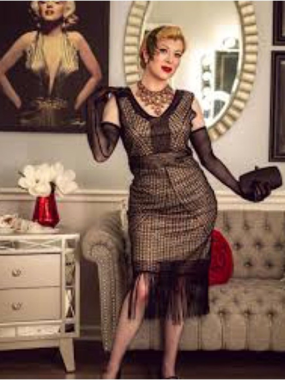 Vintage-Inspired Black and Gold Fringe Flapper Dress - Picture 2 of 3
